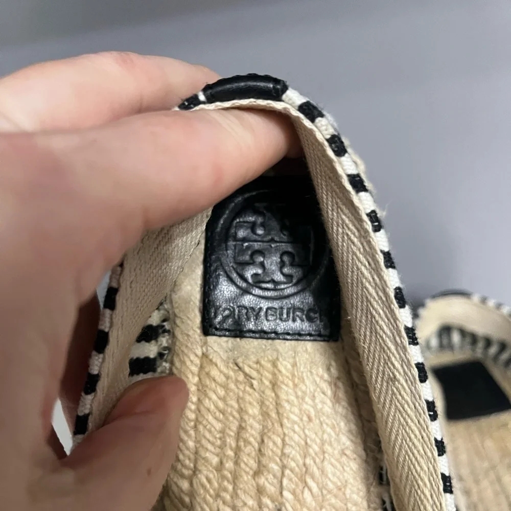 Tory Burch Beacher Black & White Stripped Slip on Espadrilles- 8